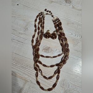 Vintage Multi-Strand Beaded Necklace & Clipon Earrings